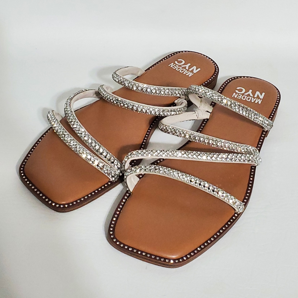 Madden NYC Tan Sandals with Sparkling Rhinestone Silver Straps